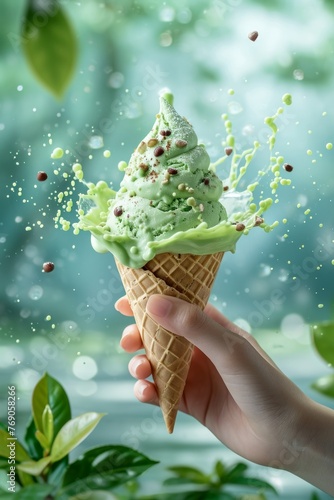 Woman's hand holding Hojicha green tea ice cream cone with red beans, against blurred green background with green tea leaves