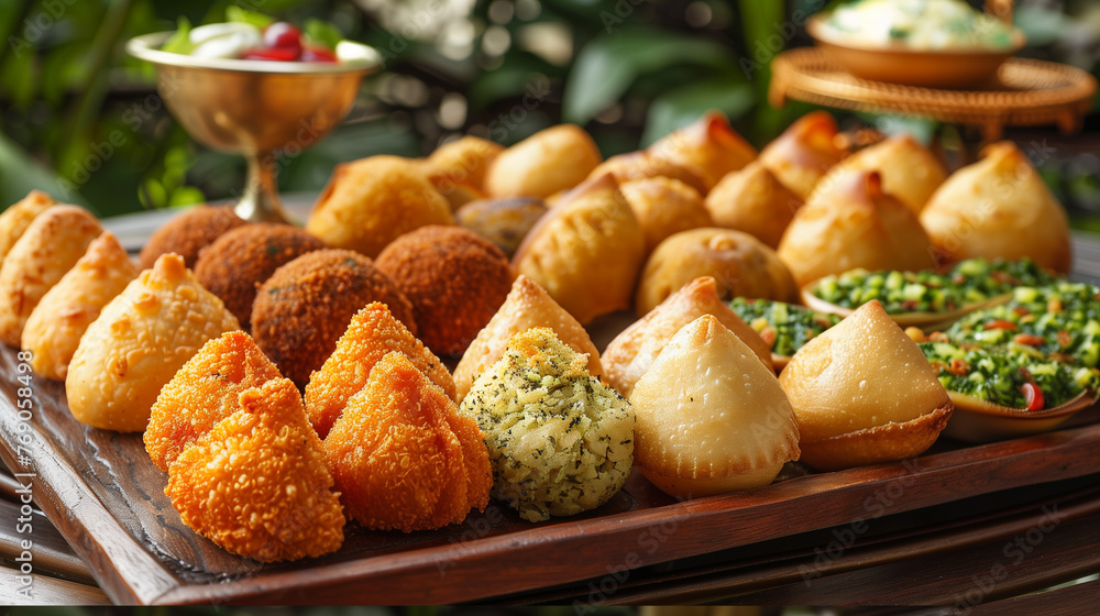 A variety of coxinhas beautifully arranged on a serving platter A variety of coxinhas beautifully arranged on a serving platter