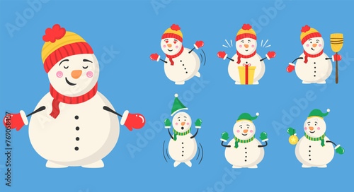 Snowman collection for Christmas and winter. Cheerful snowmen in different costumes. Set of characters cartoon in flat design. Vector illustration © Little Monster 2070