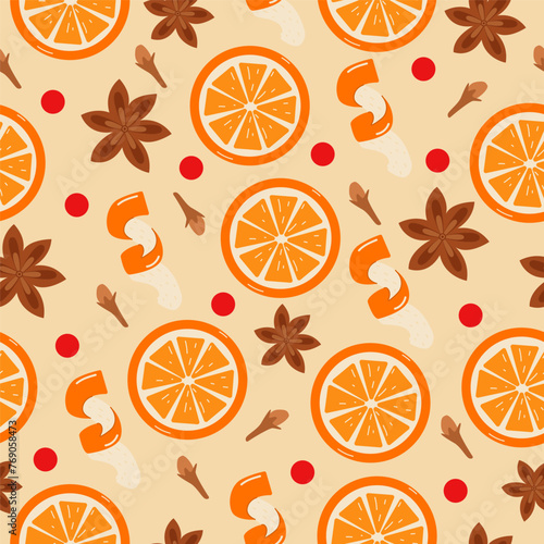 Flat vector illustration pattern with orange, cinnamon, cloves. Winter cozy seamless illustration.