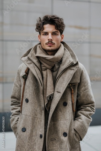 An elegant man with a well-styled hair in a sophisticated winter coat and scarf looking off into the distance © LifeMedia