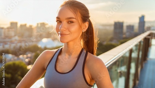  Fitness woman in sportswear on the balcony at sunset 