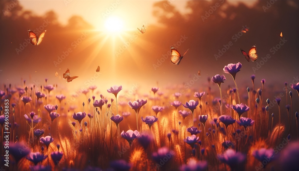 Wallpaper for the celebration of navreh with a sunset over field of flowers.