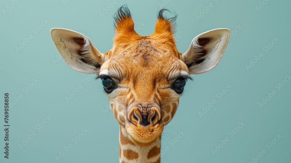 A giraffe with a brown and white face is staring at the camera