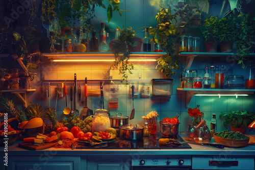 Culinary Delights Collage: Succulent dishes, colorful spices, and culinary tools create a vibrant kitchen scene, AI generated