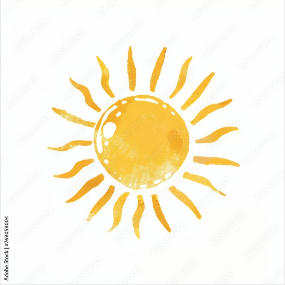 Fototapeta premium Simple hand drawn vector logo of the sun isolated on a white background, minimalistic with simple shapes and lines, cute in the yellow color, flat design, clip art style.