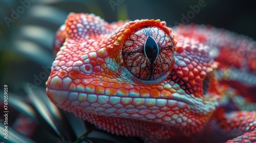 A red and white lizard with a black eye