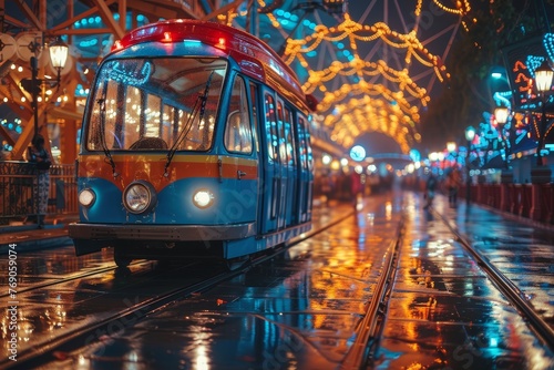 A blue vintage tram on a rain-drenched city street at night, glowing with festive lights, reflection on wet surface