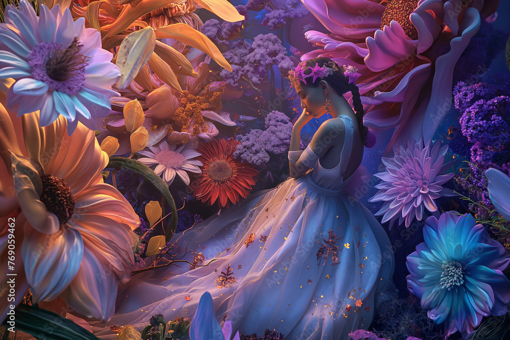 Enchanted Garden Collage: oversized flowers, enchanted keys, and fairy-tale creatures coexist in harmony, AI generated - obrazy, fototapety, plakaty 