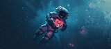 Astronaut in futuristic suit floats in space holding glowing heart, earth in background.