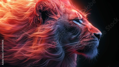 A lion with a fiery mane and a glowing eye