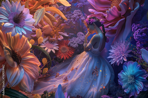 Enchanted Garden Collage: oversized flowers, enchanted keys, and fairy-tale creatures coexist in harmony, AI generated