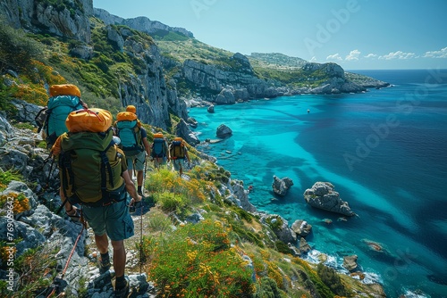 A group of backpackers admiring the view of a serene and beautiful coastal bay with crystal clear water and rocky terrain