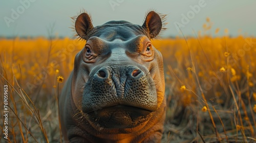 A baby hippo is standing in a field of yellow flowers