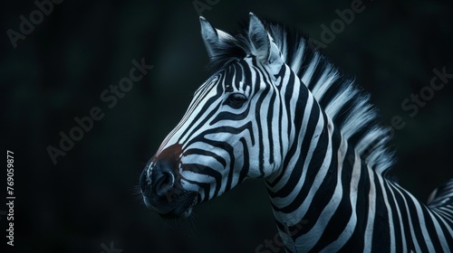 A zebra is standing in the dark with its head up