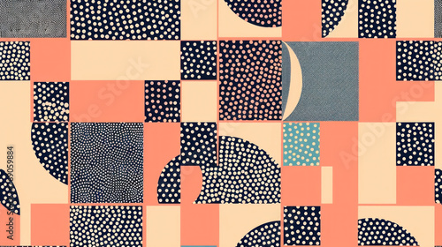 Abstract geometric pattern of shapes and dots on neutral background, pink, blue, black, beige, desktop background, poster, pattern