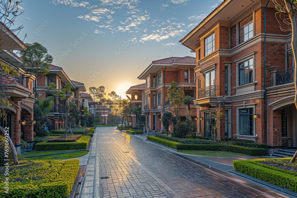 Obraz premium A serene sunrise view over luxurious suburban homes, highlighting wealth and comfort