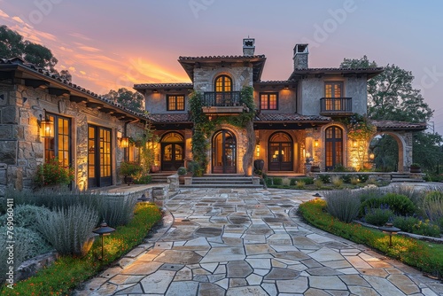 Extravagant two-story mansion with a beautifully lit facade and manicured gardens during a stunning sunset photo