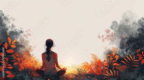 a girl in the forest meditating illustration, with leaves, in the style of exotic, light orange and dark brown, modernist illustrations, poster, human-canvas integration, traditional poses. Generative