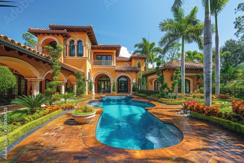 Lavish and picturesque estate featuring a custom-shaped swimming pool and tropical landscaping