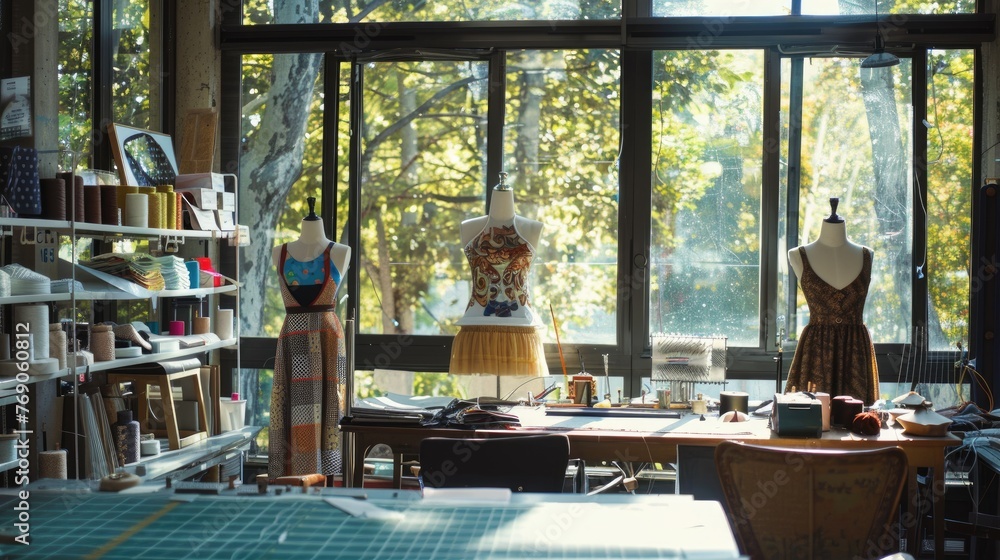 interior of the fashion designer studio is a personal room with various sewing items, fabrics, and mannequins. interior of the fashion designer studio is a personal room with various sewing items, fabrics, and mannequins.