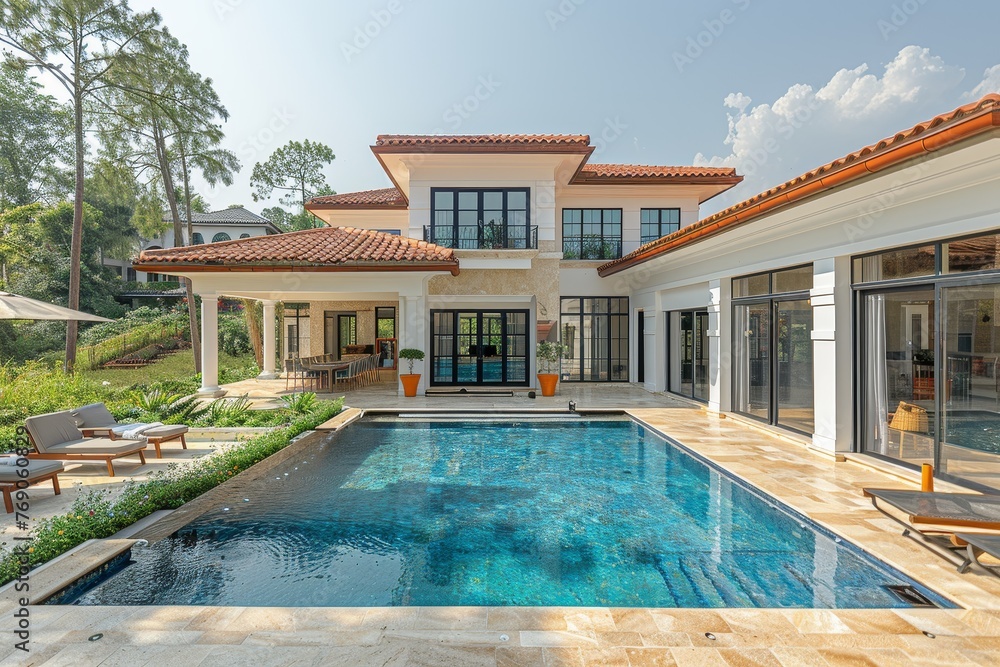 A beautiful exterior image showcasing a luxurious villa with a swimming pool and patio area surrounded by lush greenery