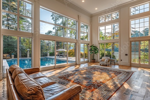 Warm sunlight floods the spacious living room with high ceilings, large windows overlooking an inviting blue swimming pool and trees outside photo