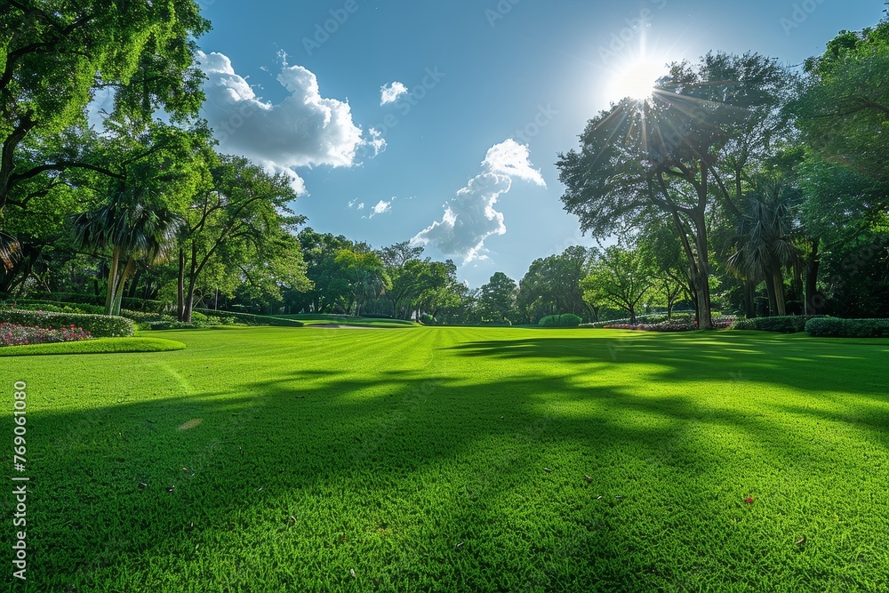 A tranquil scene capturing the sun's rays peeking through lush trees, casting vivid shadows on a well-maintained park lawn with flowers A tranquil scene capturing the sun's rays peeking through lush trees, casting vivid shadows on a well-maintained park lawn with flowers