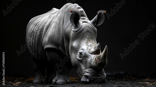 A rhino is standing in front of a black background