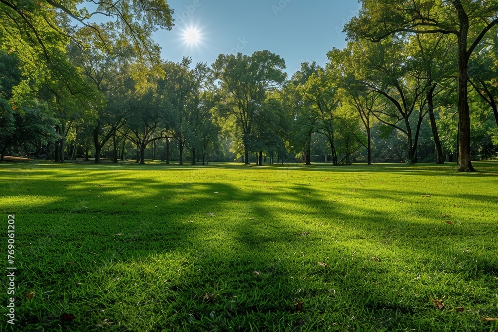 Naklejka premium A lush, serene park bathed in sunlight, casting long tree shadows on a vibrant green grass field