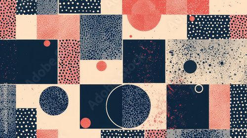 Abstract geometric pattern of shapes and dots on neutral background, pink, blue, black, beige, desktop background, poster, pattern