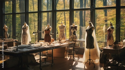 interior of the fashion designer studio is a personal room with various sewing items, fabrics, and mannequins.