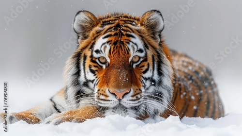 A tiger is laying in the snow with its eyes closed