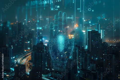 Cityscape with a hand fingerprint symbolizing security and digital protection in a business technology setting. Concept Business Technology, Cityscape, Digital Protection, Hand Fingerprint, Security