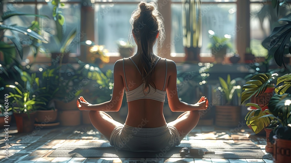 meditating girl at home, relaxing, in the style of photo-realistic hyperbole, dignified poses, modern. Generative AI meditating girl at home, relaxing, in the style of photo-realistic hyperbole, dignified poses, modern. Generative AI