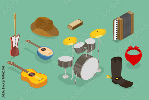 3D Isometric Flat Vector Set of Country Music, Cowboy Party