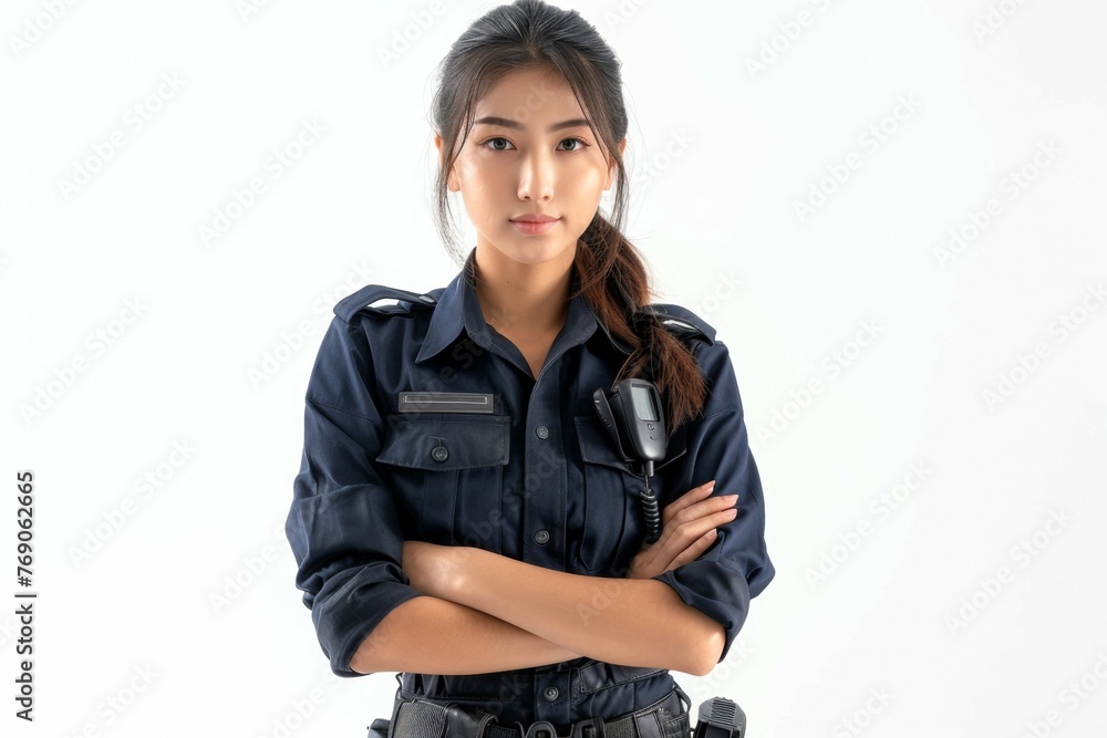 A woman in a blue uniform with a microphone A woman in a blue uniform with a microphone
