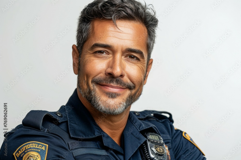 A smiling man in a blue uniform with a badge that says Alameda on it A smiling man in a blue uniform with a badge that says Alameda on it