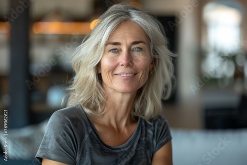 A woman with blonde hair and a gray shirt is smiling