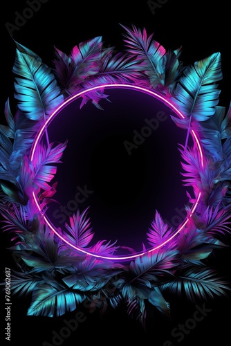 Lilac neon frame with leaves on black background, in the style of circular shapes, tropical landscapes