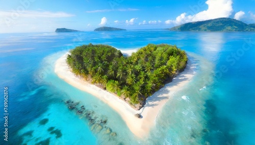 Island in the ocean with heart-shaped Green palm trees, top view, Tropical on the Travel beach