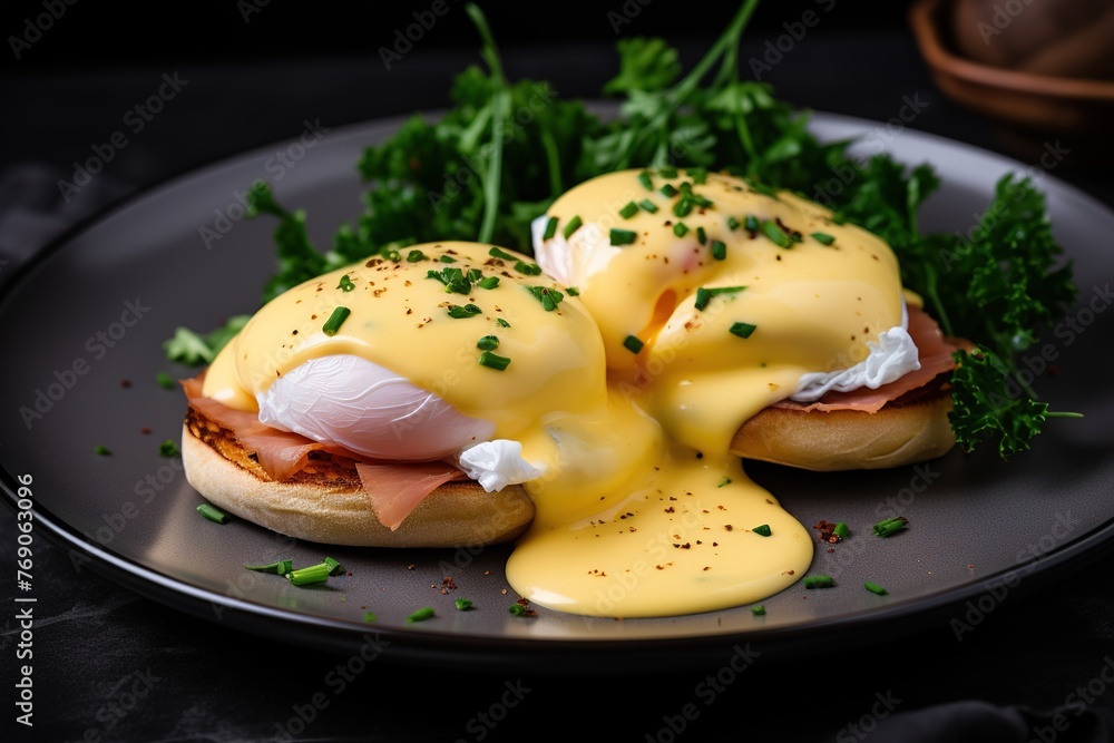 A plate of eggs benedict with a side of parsley