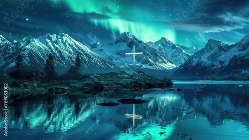 Northern lights cascade over majestic mountain peaks - The breathtaking northern lights cascade over a rugged mountain landscape, with a white cross standing prominently by the water's edge