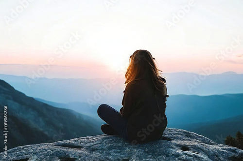 Alone woman enjoying the incredible view while sitting on a mountaintop.