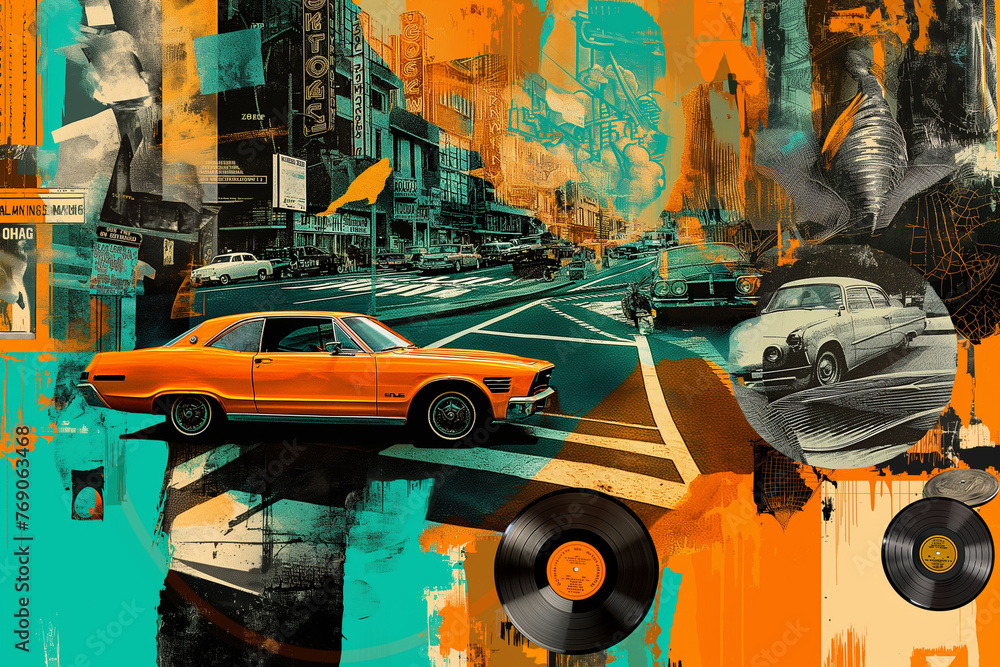 Retro Revival Collage: A nostalgic collage reminiscent of the 1960s era, filled with psychedelic patterns, vintage records, and classic cars, AI generated