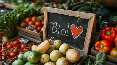 'Bio' Love Heart Sign at Fresh Organic Vegetable Market Stall 