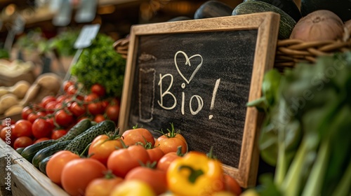 Eco-Friendly Market Stand with 'Bio' Chalkboard Amidst Fresh Tomatoes  © Infini Craft