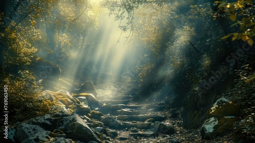 Sunbeams piercing through a misty forest - A magical forest scene illuminated by mystical sunbeams piercing through the morning mist