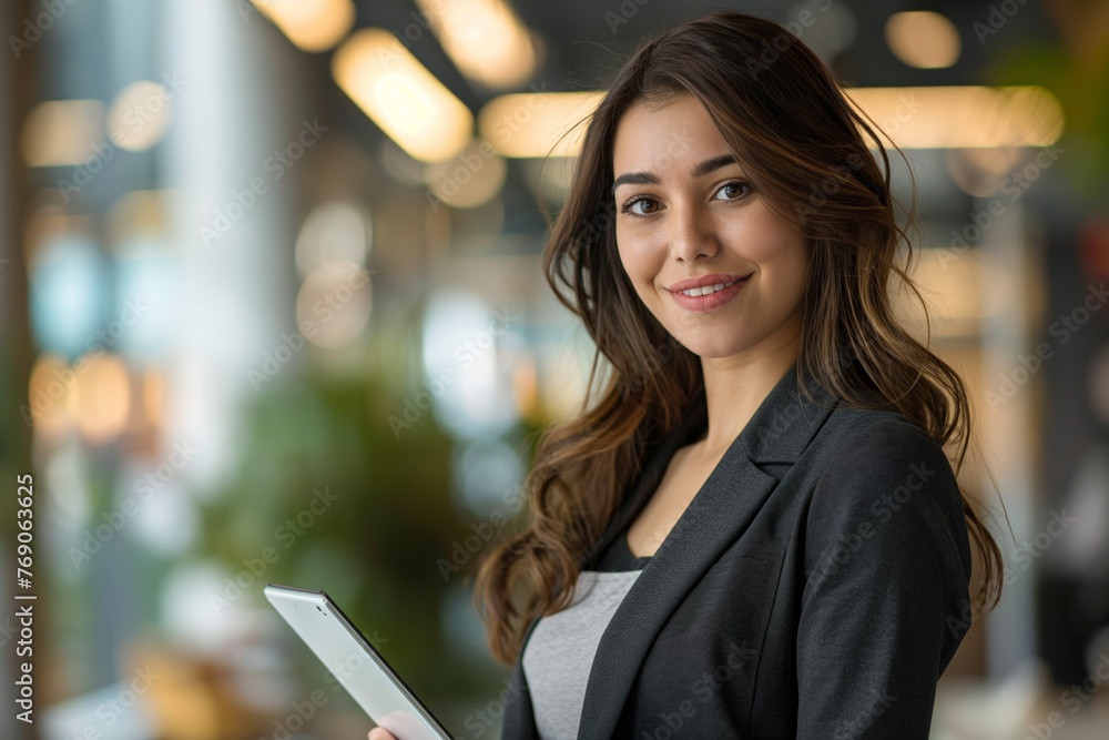 Fototapeta premium Confident Young Businesswoman with Tablet in a Corporate Environment 