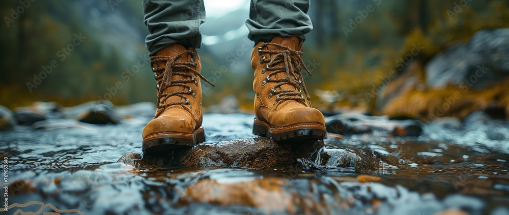 Close-Up of Hiking Boots in a Stream in Misty Forest Setting
Close-Up of Hiking Boots in a Stream in Misty Forest Setting